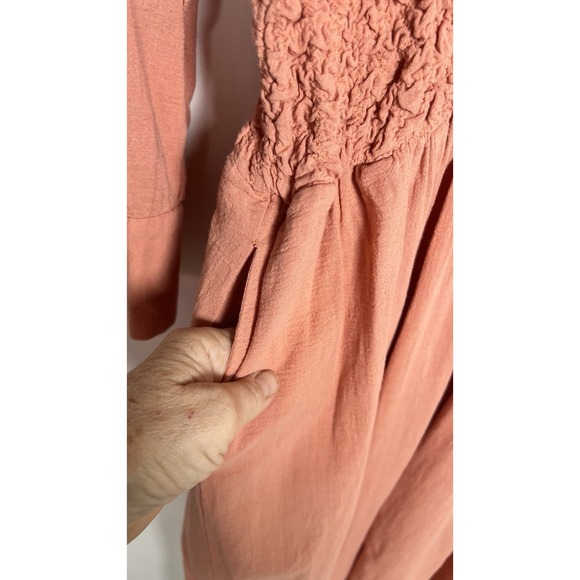 Free People Medium Monika Shirt Dress Smocked Waist Deep V-Neck Autumn Peach EUC - Picture 7 of 14